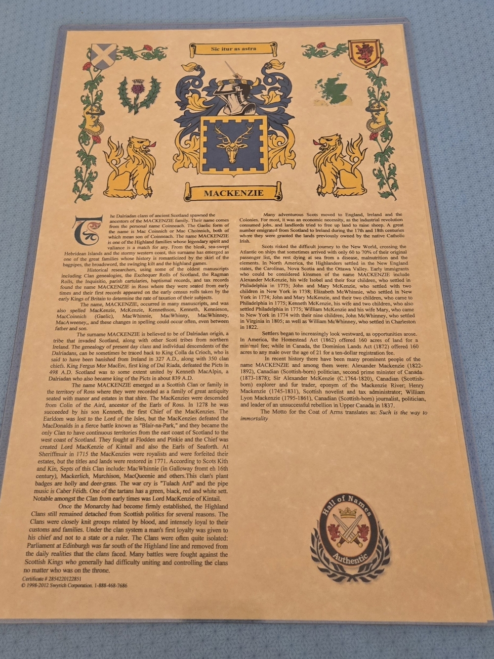 Mackenzie Name Heritage History Coat of Arms Decorative Print